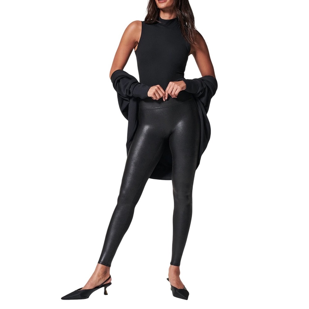 SPANX Faux Leather Leggings Black High Waist Full Length Women's L G